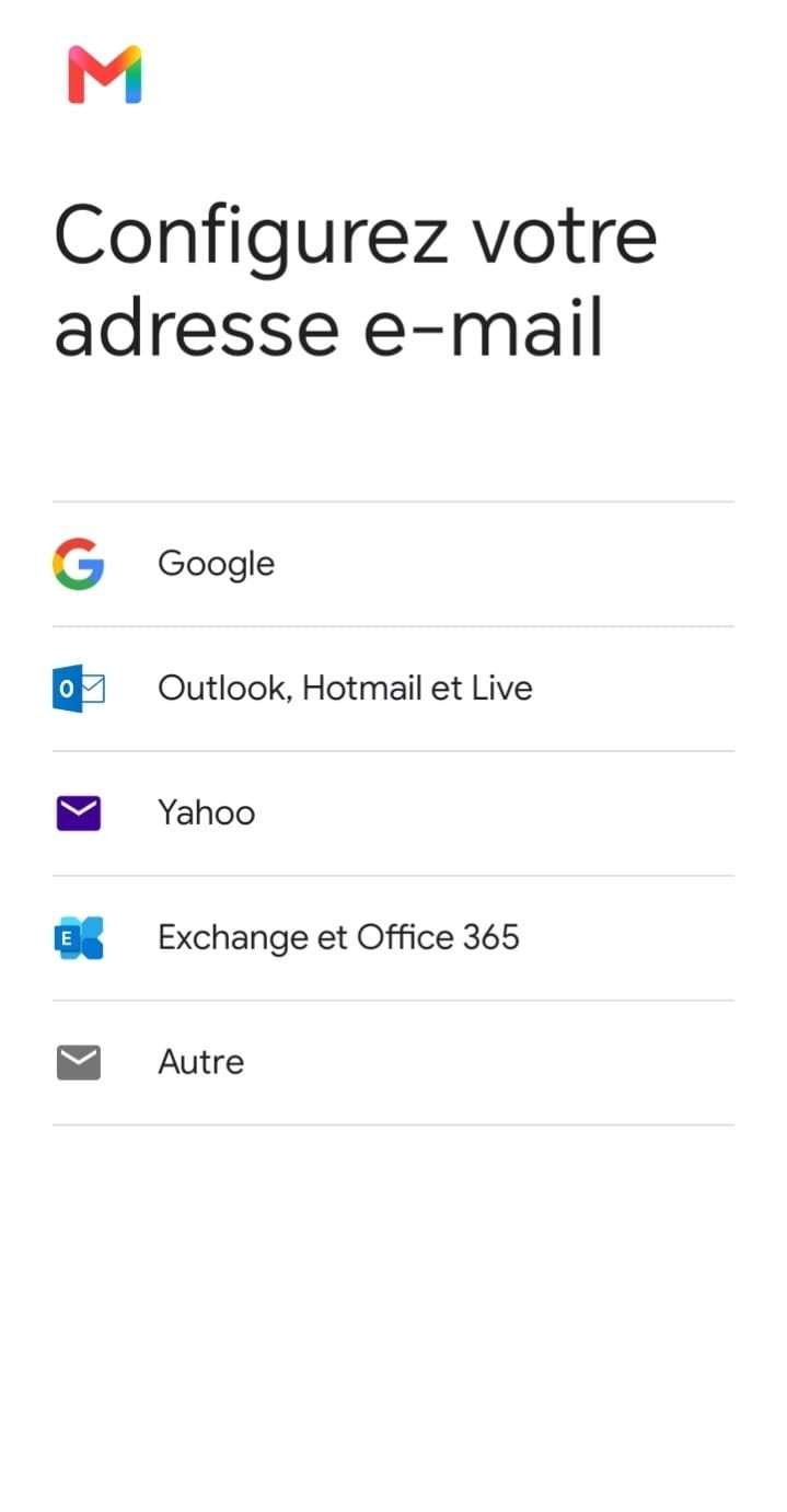 Écran Gmail proposant plusieurs fournisseurs, avec l'option Autre en bas