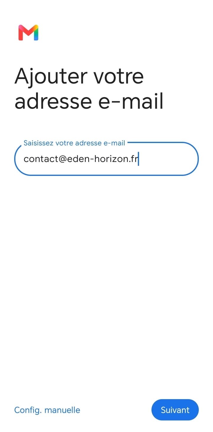 Écran Gmail pour saisir l'adresse contact@eden-horizon.fr