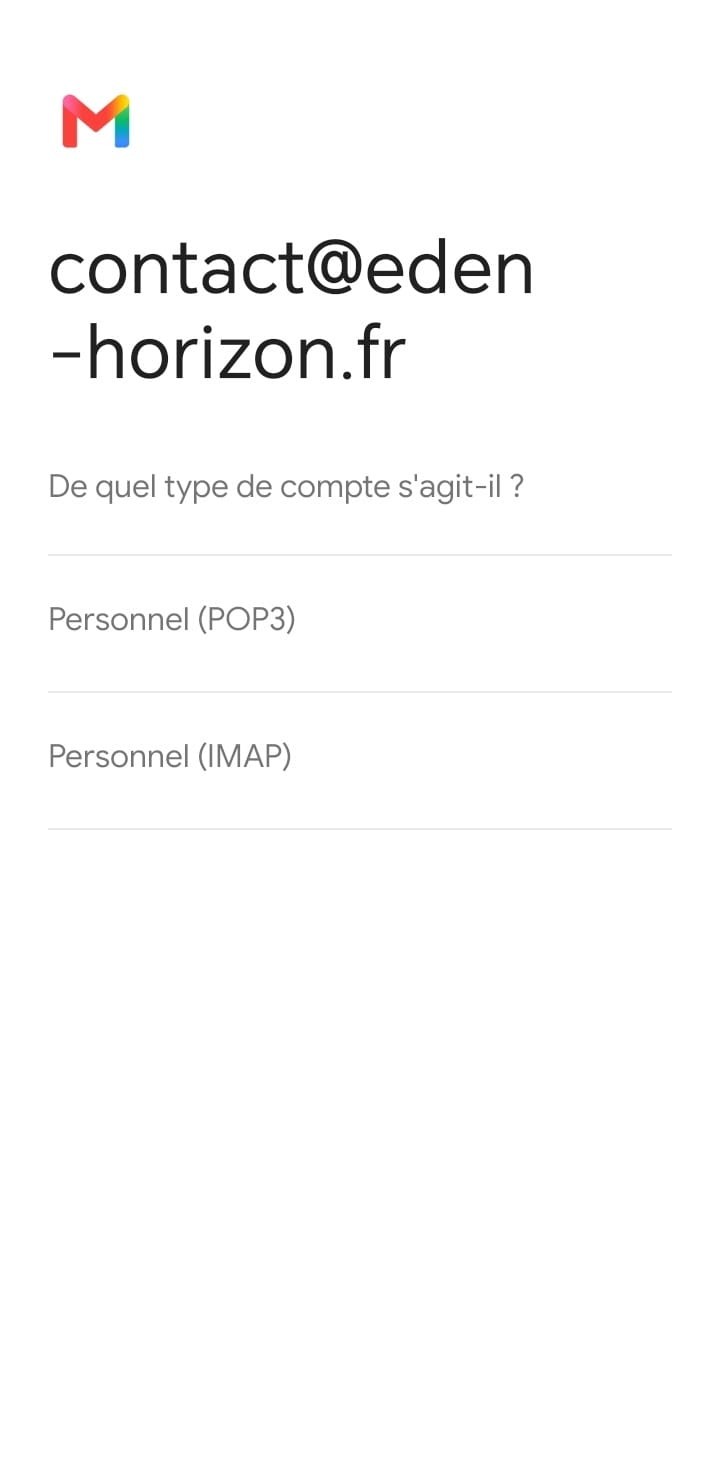 Écran Gmail demandant le type de compte, avec l'option Personnel IMAP