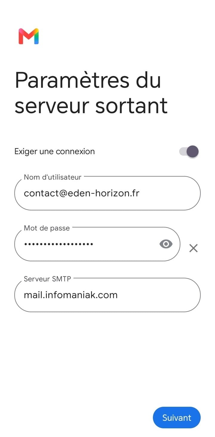 Écran Gmail des paramètres du serveur sortant avec mail.infomaniak.com