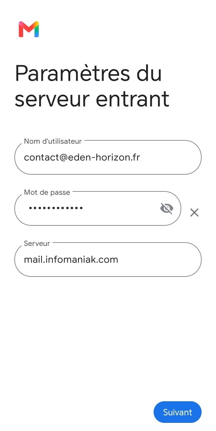 Écran Gmail des paramètres du serveur entrant avec mail.infomaniak.com